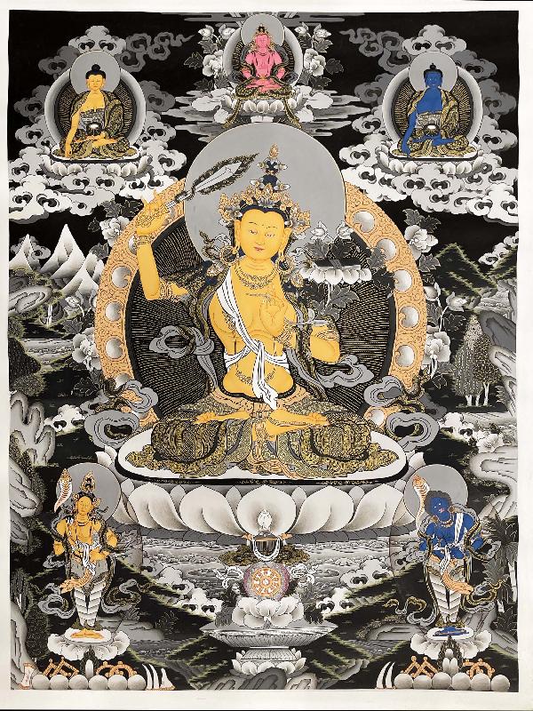 Thangka Painting Of Manjushri, Lamas Art, [24 Carat Gold], Modern Color