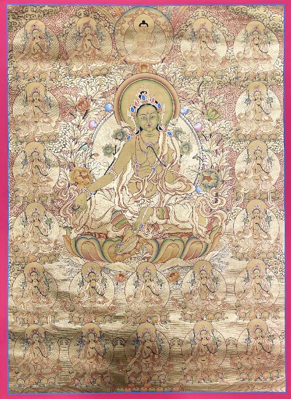 Thangka Painting Of Green Tara, Lamas Art [24 Carat Gold Full Gold]