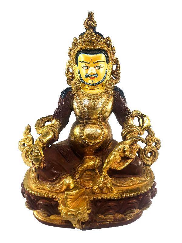 Buddhist Handmade Statues Of Yellow Jambhala, Extra Gold On Base [partly Gold Plated], [painted Face]
