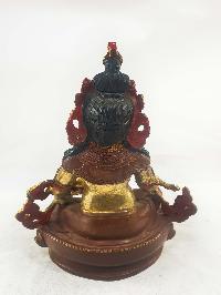 Buddhist Handmade Statues Of Yellow Jambhala, Extra Gold On Base [partly Gold Plated], [painted Face]