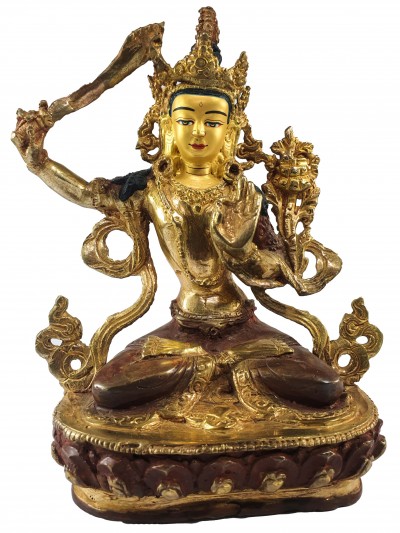 Buddhist Statue Of Manjushri, [partly Gold Plated], [painted Face]