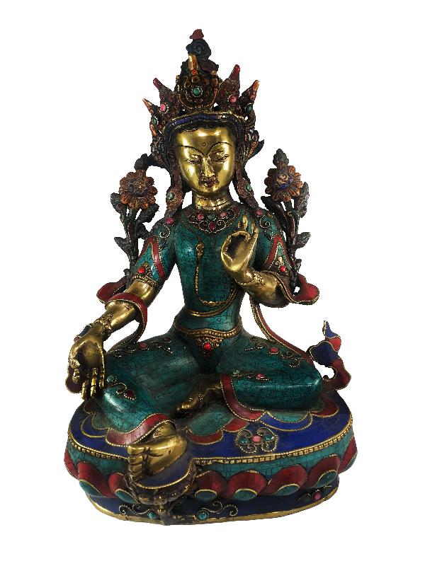 Buddhist Statue Of Green Tara, [sand Casting, Stone Setting