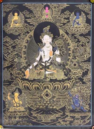 Buddist Hand Painted Thangka Of [white Tara], [real Gold], Lamas Art