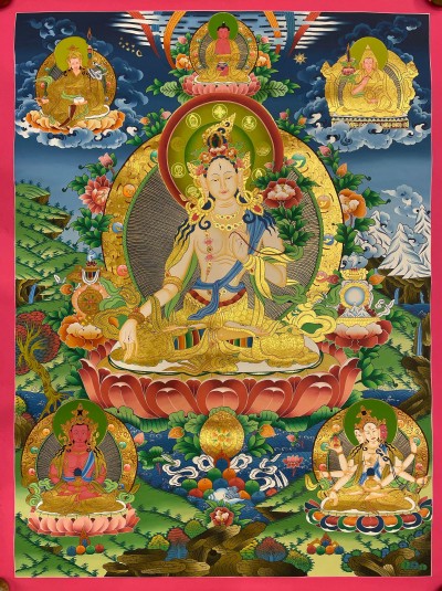 Buddhist Hand Painted Thangka Of [white Tara], [real Gold], Lamas Art, Three Long Life Deities