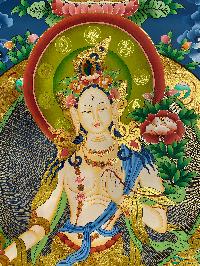 Buddhist Hand Painted Thangka Of [white Tara], [real Gold], Lamas Art, Three Long Life Deities