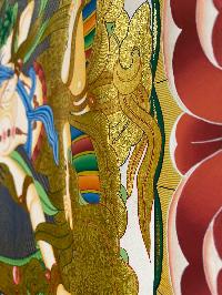 Buddhist Hand Painted Thangka Of [white Tara], [real Gold], Lamas Art, Three Long Life Deities