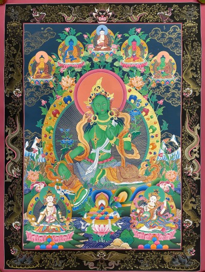 Buddist Hand Painted Thangka Of [green Tara], [real Gold], Lamas Art