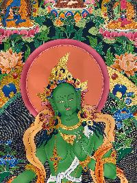 Buddist Hand Painted Thangka Of [green Tara], [real Gold], Lamas Art