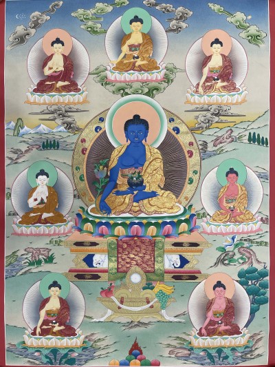 Buddhist Hand Painted Thangka Of Medicine Buddha, [real Gold], Lamas Art