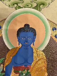 Buddhist Hand Painted Thangka Of Medicine Buddha, [real Gold], Lamas Art
