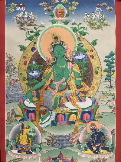 Buddhist Hand Painted Thangka Of Green Tara, [real Gold], Lamas Art