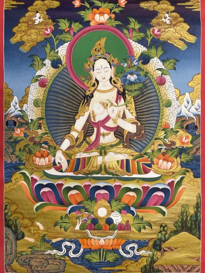 Buddhist Hand Painted Thangka Of White Tara, [real Gold], Lamas Art