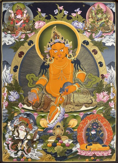 Buddhist Hand Painted Thangka Of Pancha Kuber Jambhala, [real Gold], Lamas Art