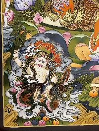 Buddhist Hand Painted Thangka Of Pancha Kuber Jambhala, [real Gold], Lamas Art