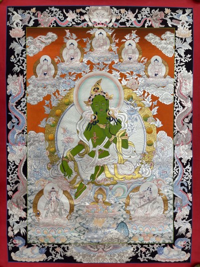 Buddhist Hand Painted Thangka Of Green Tara, [real Silver], Lamas Art
