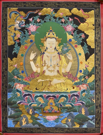 Buddhist Hand Painted Thangka Of Chenrezig, [real Gold], Lamas Art