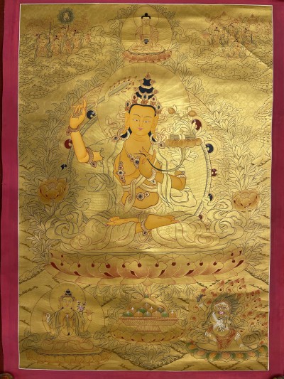 Buddhist Hand Painted Thangka Of Manjushri, [real Gold], Lamas Art