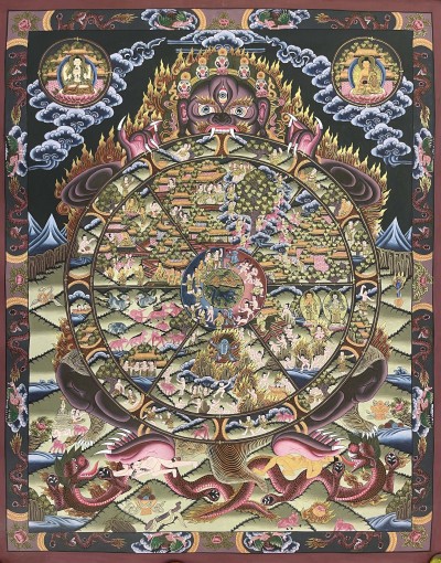 Buddhist Hand Painted Thangka Of Wheel Of Life, Lamas Art