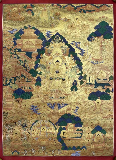 Buddhist Hand Painted Thangka Of Buddha Life Story, [real Gold], Lamas Art