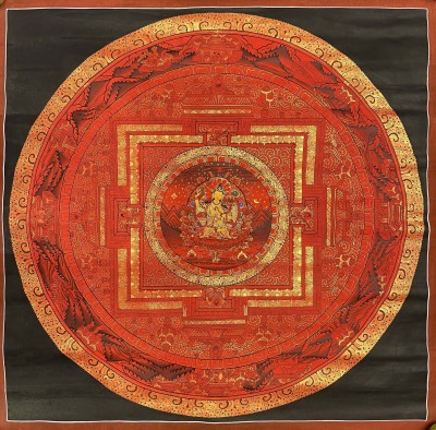 Buddhist Hand Painted Thangka Of Manjushri Mandala, [real Gold], Lamas Art