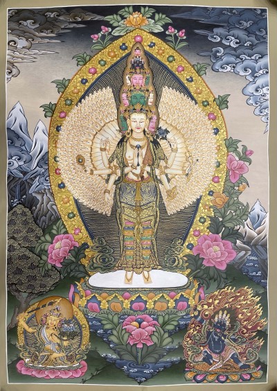 Buddhist Hand Painted Thangka Of Sahasrabhuja Avalokitesvara, Lamas Art