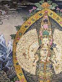 Buddhist Hand Painted Thangka Of Sahasrabhuja Avalokitesvara, Lamas Art
