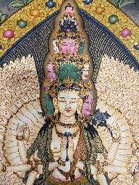 Buddhist Hand Painted Thangka Of Sahasrabhuja Avalokitesvara, Lamas Art