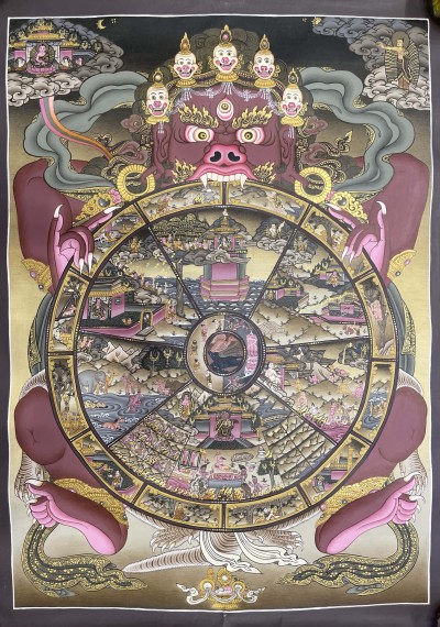 Buddhist Hand Painted Thangka Of Wheel Of Life, Lamas Art