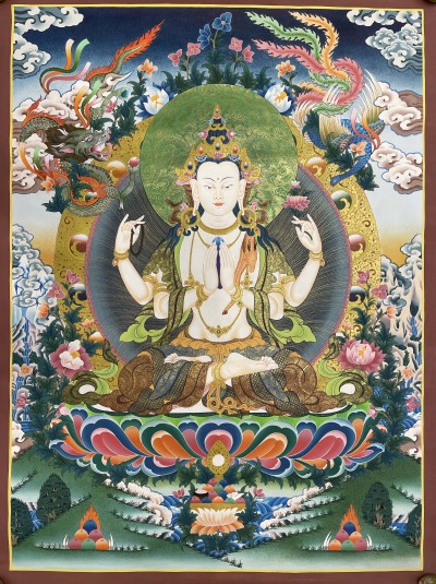 Buddhist Hand Painted Thangka Of Chenrezig, [real Gold], Lamas Art
