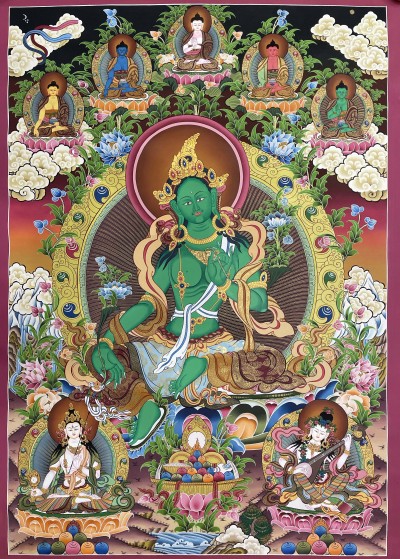 Buddhist Hand Painted Thangka Of Green Tara, [real Gold], Lamas Art