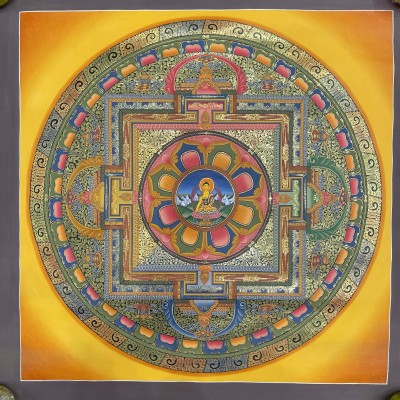Buddhist Hand Painted Thangka Of Shakyamuni Buddha, Mandala [real Gold], Lama`s Art, [square Mandala]