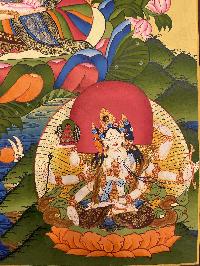 Buddhist Hand Painted Thangka Of White Tara, [real Gold], Lama`s Art With [aparimita And Namgyal], Three Long Life Deities