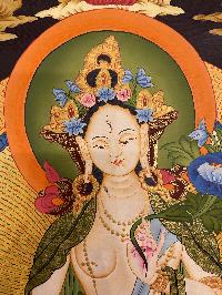 Buddhist Hand Painted Thangka Of White Tara, [real Gold], Lama`s Art With [aparimita And Namgyal], Three Long Life Deities