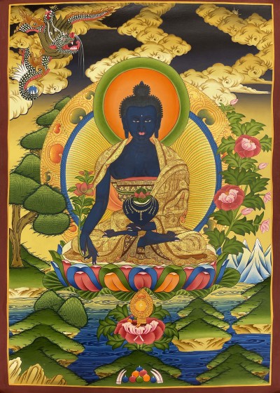 Buddhist Hand Painted Thangka Of Medicine Buddha, [real Gold], Lamas Art