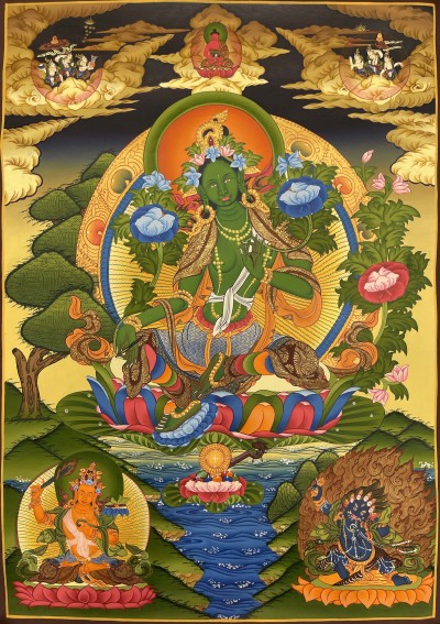 Buddhist Hand Painted Thangka Of Green Tara, [real Gold], Lamas Art With [manjushri And Vajrapani]