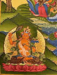 Buddhist Hand Painted Thangka Of Green Tara, [real Gold], Lamas Art With [manjushri And Vajrapani]