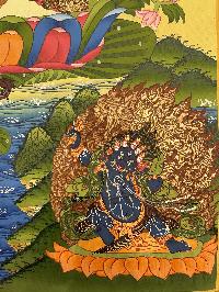 Buddhist Hand Painted Thangka Of Green Tara, [real Gold], Lamas Art With [manjushri And Vajrapani]