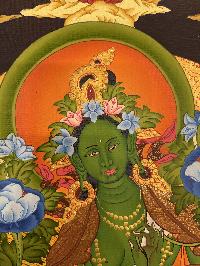 Buddhist Hand Painted Thangka Of Green Tara, [real Gold], Lamas Art With [manjushri And Vajrapani]