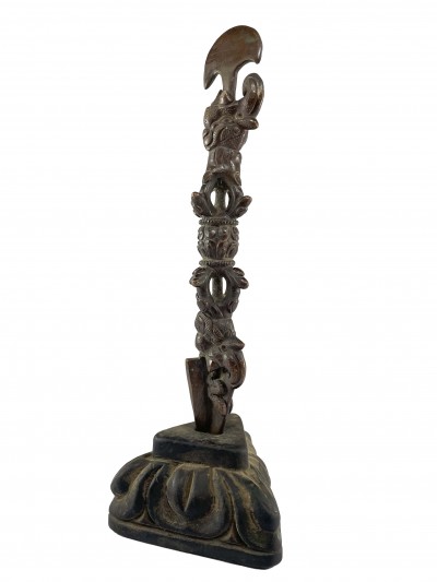 Phurba With Chocolate Oxidized On Wooden Base With [dorje At Middle And Dragon On Top And Bottom]
