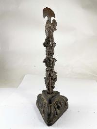 Phurba With Chocolate Oxidized On Wooden Base With [dorje At Middle And Dragon On Top And Bottom]