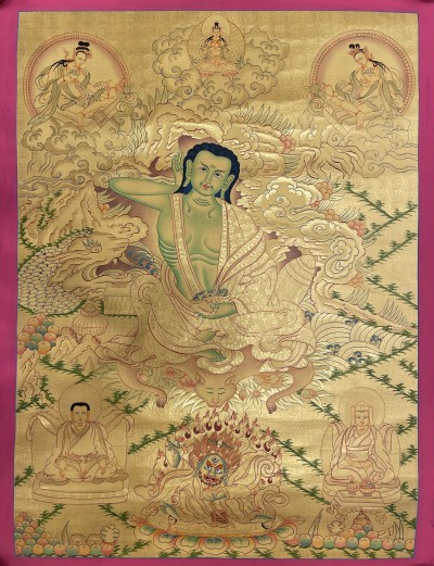 Buddhist Hand Painted Thangka Of Milarepa, [real Gold], Lama`s Art With Marpha, Gamepapa And Mahakala