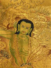 Buddhist Hand Painted Thangka Of Milarepa, [real Gold], Lama`s Art With Marpha, Gamepapa And Mahakala