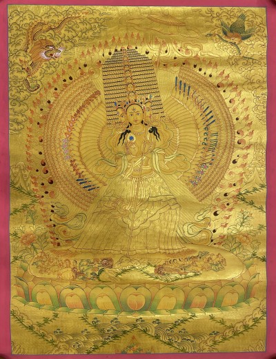 Buddhist Hand Painted Thangka Of Sitatapatra - Umbrella Goddess - Dugar, [real Gold], Lama`s Art