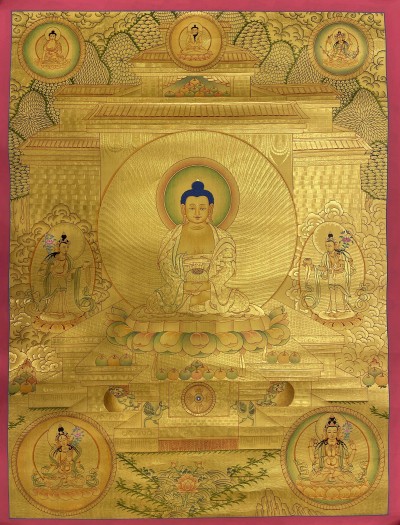 Buddhist Hand Painted Thangka Of Amitabha Buddha, [real Gold], Lama`s Art