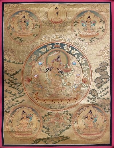 Buddhist Hand Painted Thangka Of Manjushri [and Various Form Of Manjushri], [real Gold], Lama`s Art