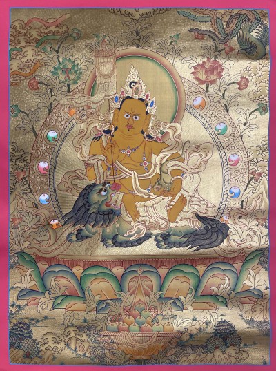 Buddhist Hand Painted Thangka Of Jambhala: Namtose Vaisravana, [real Gold], Lamas Art
