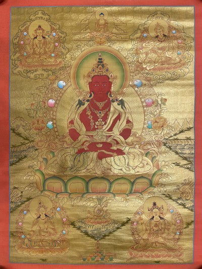 Buddhist Hand Painted Thangka Of Amitayus, [real Gold], [long Life Thangka], Lamas Art, With Healers [white Tara And Namgyalma]