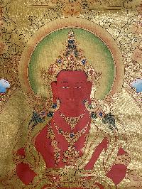 Buddhist Hand Painted Thangka Of Amitayus, [real Gold], [long Life Thangka], Lamas Art, With Healers [white Tara And Namgyalma]