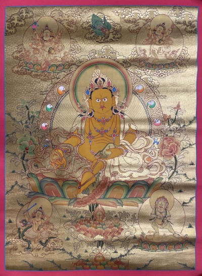 Buddhist Hand Painted Thangka Of Pancha Jambhala, [real Gold], Lama`s Art