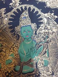 Buddhist Thangka Of Green Tara Thangka, [black And Golden]